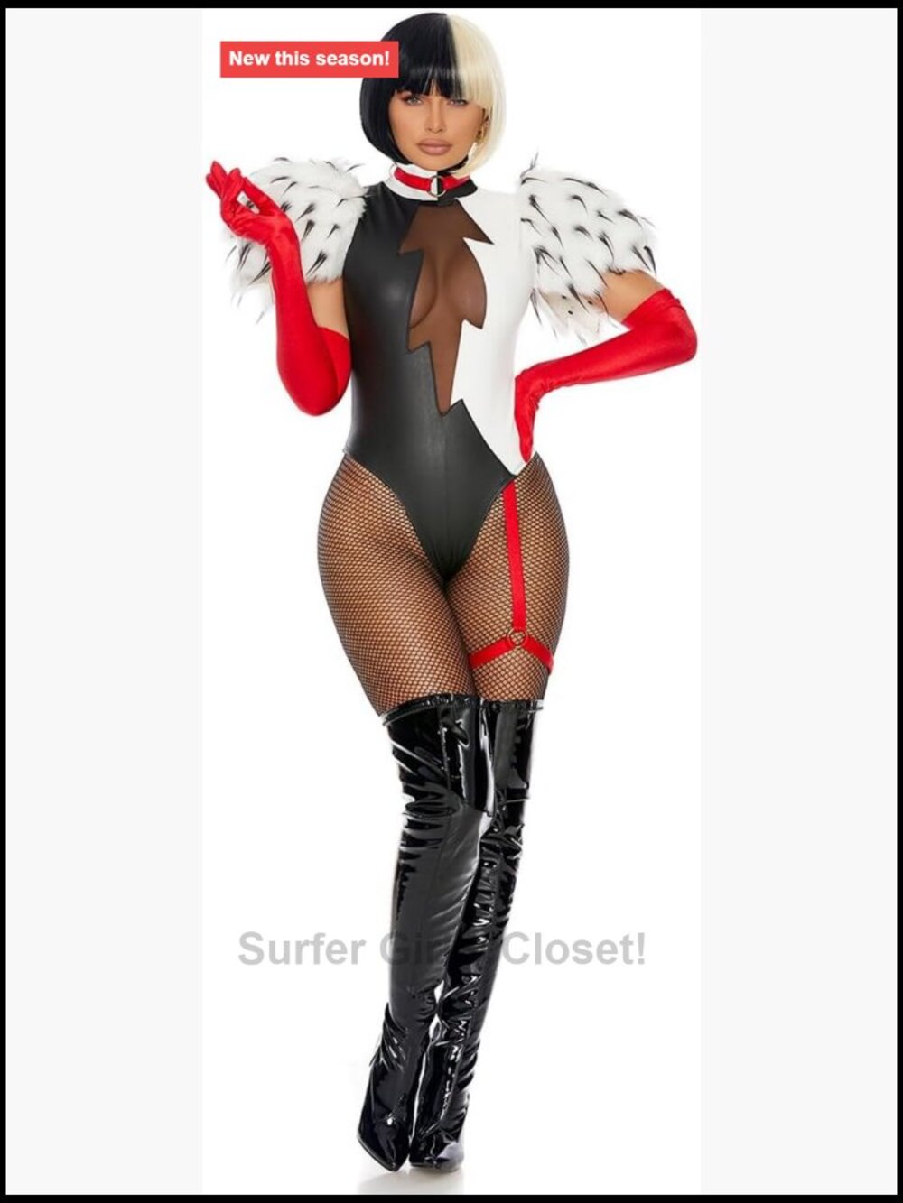 3pc Women's Movie Villain Costume Bodysuit with Faux Fur Shoulders & Gloves